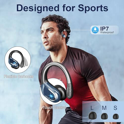 Wireless Earbud, Bluetooth 5.3 Headphones IP7 Waterproof Sport, 75Hrs Running Wireless Earphones with ENC Noise Canceling Mic, Deep Bass Over Ear bud with Earhooks for Android, iOS, Workout, Gym, Blue - 5