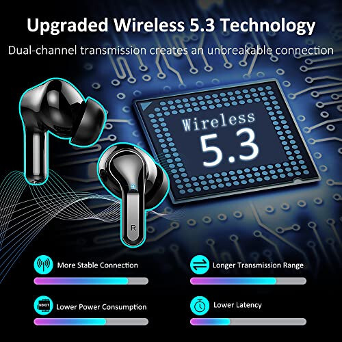 Wireless Earbud, Bluetooth Headphones 5.3 NEW 40H Ear Buds Bass Stereo Earphones Noise Cancelling Earbud with 4 ENC Mic in-Ear Bluetooth Earbud USB-C LED Display IP7 Waterproof Sport for Android iOS - 2