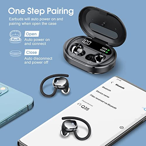 Wireless Earbuds, 2023 New Ultralight Sport Bluetooth 5.3 Headphones In Ear with LED Display, Built-in Mic Earphones, IPX7 Waterproof Wireless Headphones with Earhooks for Gym Workout (Black) - 5