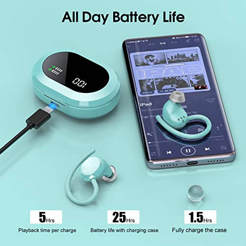 Wireless Earbuds, 2023 New Ultralight Sport Bluetooth 5.3 Headphones In Ear with LED Display, Built-in Mic Earphones, IPX7 Waterproof Wireless Headphones with Earhooks for Gym Workout (Blue) - 5