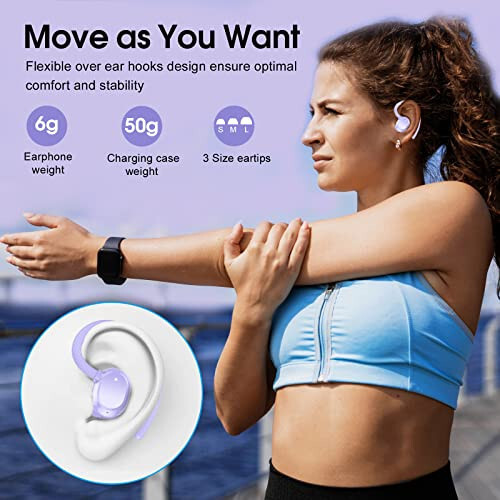 Wireless Earbuds, 2023 New Ultralight Sport Bluetooth 5.3 Headphones In Ear with LED Display, Built-in Mic Earphones, IPX7 Waterproof Wireless Headphones with Earhooks for Gym Workout (Purple) - 3