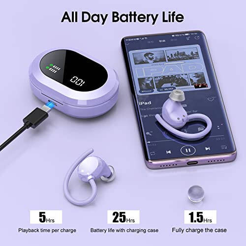 Wireless Earbuds, 2023 New Ultralight Sport Bluetooth 5.3 Headphones In Ear with LED Display, Built-in Mic Earphones, IPX7 Waterproof Wireless Headphones with Earhooks for Gym Workout (Purple) - 4