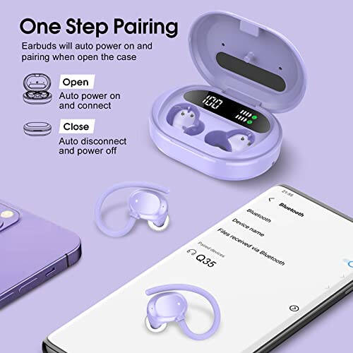 Wireless Earbuds, 2023 New Ultralight Sport Bluetooth 5.3 Headphones In Ear with LED Display, Built-in Mic Earphones, IPX7 Waterproof Wireless Headphones with Earhooks for Gym Workout (Purple) - 5