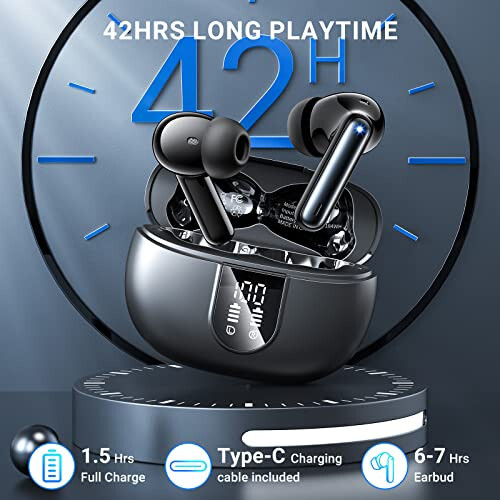 Wireless Earbuds, 2024 Wireless Headphones HiFi Stereo Earphones with 4 ENC Noise Canceling Mic, 42Hs Playtime In Ear Earbud, Bluetooth 5.3 Sport Earphones with LED Power Display for Android iOS Black - 3