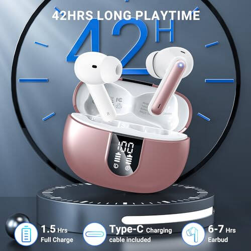 Wireless Earbuds, 2024 Wireless Headphones HiFi Stereo Earphones with 4 ENC Noise Canceling Mic, 42Hs Playtime In Ear Earbud, Bluetooth 5.3 Sport Earphones with LED Power Display for Android iOS Pink - 3