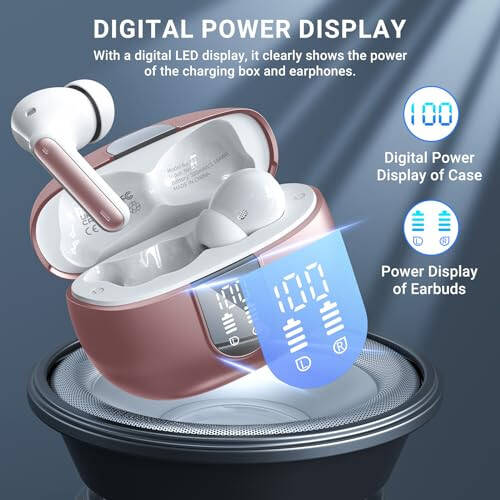 Wireless Earbuds, 2024 Wireless Headphones HiFi Stereo Earphones with 4 ENC Noise Canceling Mic, 42Hs Playtime In Ear Earbud, Bluetooth 5.3 Sport Earphones with LED Power Display for Android iOS Pink - 4