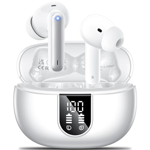 Wireless Earbuds, 2024 Wireless Headphones HiFi Stereo Earphones with 4 ENC Noise Canceling Mic, 42Hs Playtime In Ear Earbud, Bluetooth 5.3 Sport Earphones with LED Power Display for Android iOS White - 1