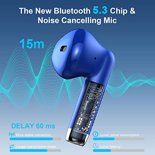 Wireless Earbuds, Bluetooth 5.3 Earbuds Stereo Bass, Bluetooth Headphones in Ear Noise Cancelling Mic, IP7 Waterproof Sports Earphones, 32H Playtime USB C Charging Case Ear Buds Blue for Android iOS - 2