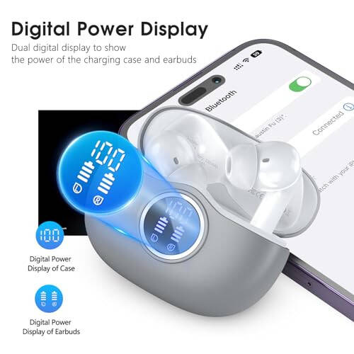 Wireless Earbuds Bluetooth 5.3 Headphones 40 Hrs Playtime with LED Display, Deep Bass Stereo and Noise Cancelling Bluetooth Ear Buds IP7 Waterproof Wireless Earphones for iPhone Android, Grey - 4