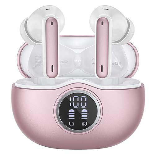 Wireless Earbuds Bluetooth 5.3 Headphones 40 Hrs Playtime with LED Display, Deep Bass Stereo and Noise Cancelling Bluetooth Ear Buds IP7 Waterproof Wireless Earphones for iPhone Android, Rose Gold - 1