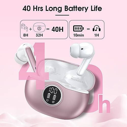 Wireless Earbuds Bluetooth 5.3 Headphones 40 Hrs Playtime with LED Display, Deep Bass Stereo and Noise Cancelling Bluetooth Ear Buds IP7 Waterproof Wireless Earphones for iPhone Android, Rose Gold - 5