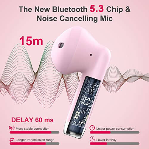 Wireless Earbuds, Bluetooth 5.3 Headphones in Ear with Noise Cancelling Mic, Bluetooth Earbuds Stereo Bass, IP7 Waterproof Sports Earphones, 32H Playtime USB C Charging Ear Buds Pink for Android iOS - 2