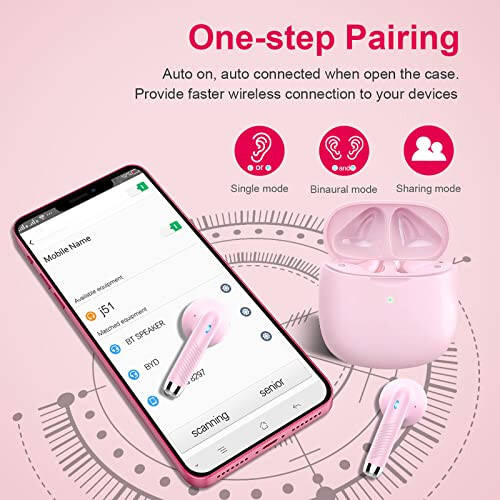 Wireless Earbuds, Bluetooth 5.3 Headphones in Ear with Noise Cancelling Mic, Bluetooth Earbuds Stereo Bass, IP7 Waterproof Sports Earphones, 32H Playtime USB C Charging Ear Buds Pink for Android iOS - 5