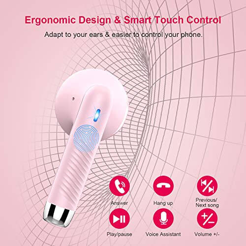 Wireless Earbuds, Bluetooth 5.3 Headphones in Ear with Noise Cancelling Mic, Bluetooth Earbuds Stereo Bass, IP7 Waterproof Sports Earphones, 32H Playtime USB C Charging Ear Buds Pink for Android iOS - 6