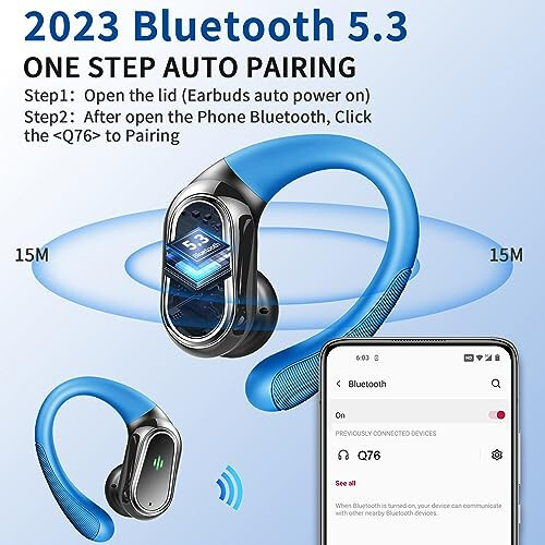 Wireless Earbuds, Bluetooth 5.3 Headphones Sport, Bluetooth Earbuds with ENC Noise Canceling Mic, 50H Stereo Wireless Headphones IP7 Waterproof with Earhooks, Dual LED Display for Running, Light Blue - 2