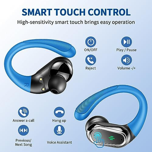 Wireless Earbuds, Bluetooth 5.3 Headphones Sport, Bluetooth Earbuds with ENC Noise Canceling Mic, 50H Stereo Wireless Headphones IP7 Waterproof with Earhooks, Dual LED Display for Running, Light Blue - 5