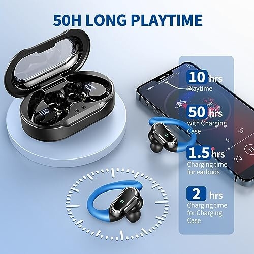 Wireless Earbuds, Bluetooth 5.3 Headphones Sport, Bluetooth Earbuds with ENC Noise Canceling Mic, 50H Stereo Wireless Headphones IP7 Waterproof with Earhooks, Dual LED Display for Running, Light Blue - 6