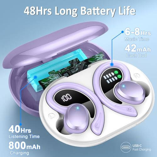 Wireless Earbuds Bluetooth Headphone Sport, Bluetooth 5.3 Earbud 3D HiFi Stereo Over Ear Buds, 48Hrs Earhooks Earphone with Noise Cancelling Mic, IP7 Waterproof Headset for Workout/Running/Gym, Purple - 4