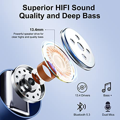 Wireless Earbuds Bluetooth Headphones 5.3 Bass Stereo Earphones, 40H Playtime Ear Buds with LED Power Display, Bluetooth Earbud with Noise Cancelling Mic IPX7 Waterproof Earbuds for iOS Android Blue - 2