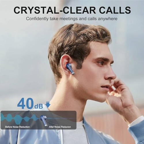 Wireless Earbuds Bluetooth Headphones 5.3 Bass Stereo Earphones, 40H Playtime Ear Buds with LED Power Display, Bluetooth Earbud with Noise Cancelling Mic IPX7 Waterproof Earbuds for iOS Android Blue - 4