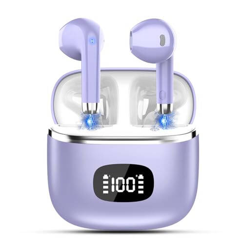 Wireless Earbuds Bluetooth Headphones 5.3 Bass Stereo Earphones, 40H Playtime Ear Buds with LED Power Display, Bluetooth Earbud with Noise Cancelling Mic IPX7 Waterproof Earbuds for iOS Android Purple - 1