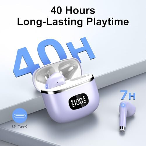 Wireless Earbuds Bluetooth Headphones 5.3 Bass Stereo Earphones, 40H Playtime Ear Buds with LED Power Display, Bluetooth Earbud with Noise Cancelling Mic IPX7 Waterproof Earbuds for iOS Android Purple - 2