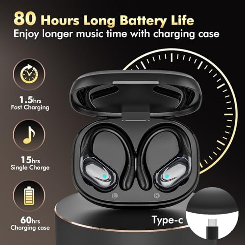 Wireless Earbuds Bluetooth Headphones 80hrs Playback Ear Buds Power Display with Noise Canceling Mic with Earhooks for Sports/Workout/Running, Black - 3