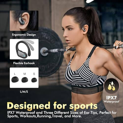 Wireless Earbuds Bluetooth Headphones 80hrs Playback Ear Buds Power Display with Noise Canceling Mic with Earhooks for Sports/Workout/Running, Black - 6