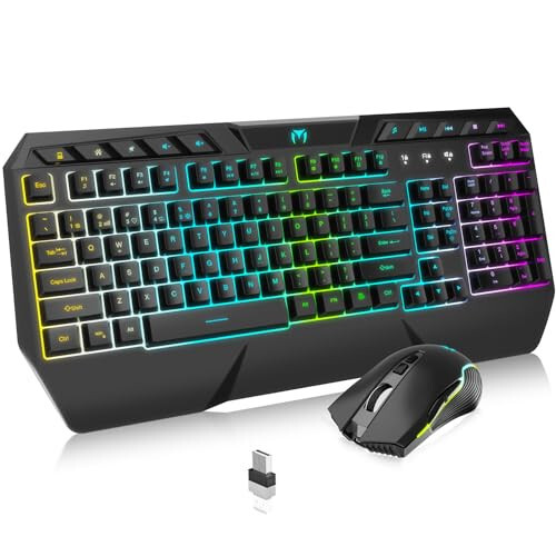 Wireless Gaming Keyboard and Gaming Mouse Combo - RGB Backlit, Rechargeable Wireless Keyboard, Wrist Rest Ergonomic, Backlit Mouse, Wireless Gaming Keyboard and Mouse, Long-Lasting Built-in Battery (Black) - 1