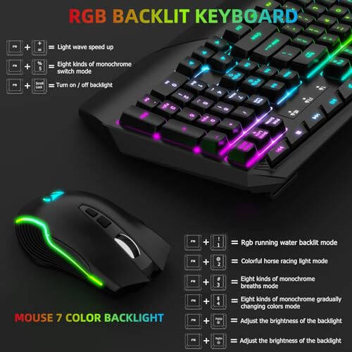 Wireless Gaming Keyboard and Gaming Mouse Combo - RGB Backlit, Rechargeable Wireless Keyboard, Wrist Rest Ergonomic, Backlit Mouse, Wireless Gaming Keyboard and Mouse, Long-Lasting Built-in Battery (Black) - 4