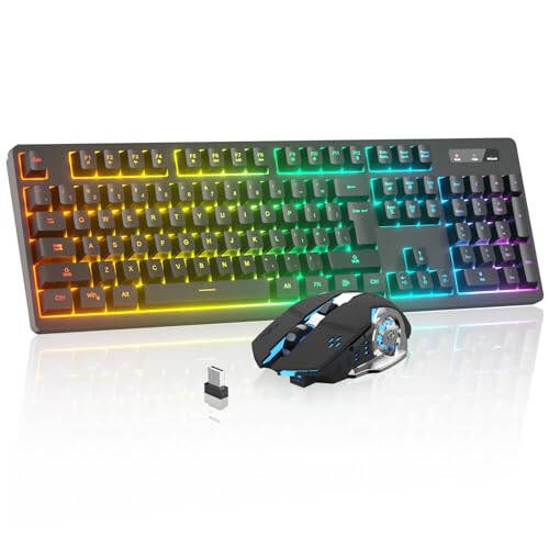 Wireless Gaming Keyboard and Mouse Combo - RGB Backlit,Rechargeable Wireless Keyboard and Ergonomic Backlit Mouse,Wireless Keyboard and Mouse for Gaming Work,Long-Lasting Built-in Battery (Black) - 1