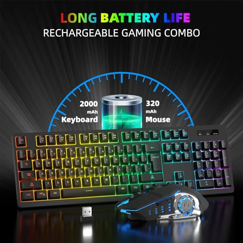 Wireless Gaming Keyboard and Mouse Combo - RGB Backlit,Rechargeable Wireless Keyboard and Ergonomic Backlit Mouse,Wireless Keyboard and Mouse for Gaming Work,Long-Lasting Built-in Battery (Black) - 3