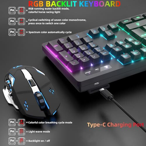 Wireless Gaming Keyboard and Mouse Combo - RGB Backlit,Rechargeable Wireless Keyboard and Ergonomic Backlit Mouse,Wireless Keyboard and Mouse for Gaming Work,Long-Lasting Built-in Battery (Black) - 4