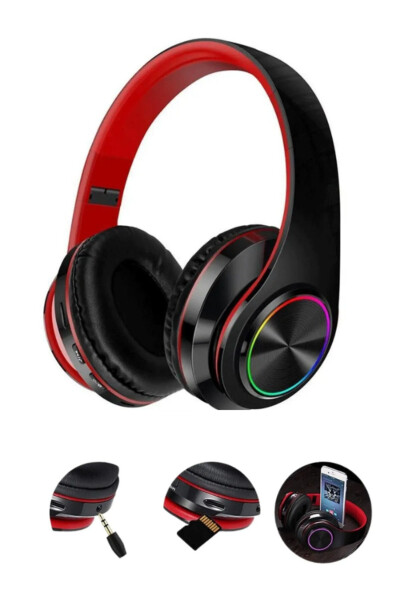 Wireless Headphones Bluetooth Microphone Over-Ear Headphones with LED Light Foldable BLACK-RED - 9