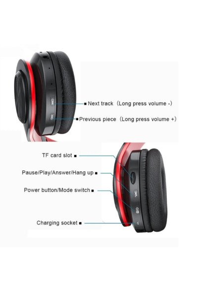 Wireless Headphones Bluetooth Microphone Over-Ear Headphones with LED Light Foldable BLACK-RED - 12