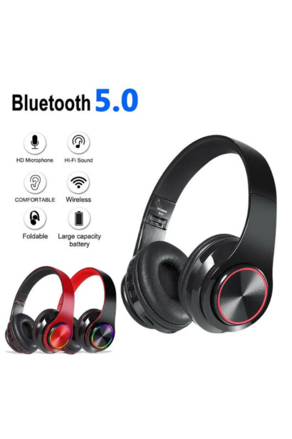 Wireless Headphones Bluetooth Microphone Over-Ear Headphones with LED Light Foldable BLACK-RED - 14