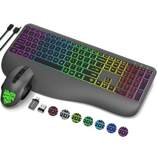 Wireless Keyboard and Mouse Combo, 9 Backlit Effects, Wrist Rest, Silent Light Up Keys, Sleep Mode, 2.4G Rechargeable Ergonomic Cordless Keyboard Mouse Combo for Computer, Laptop, PC, Windows (Grey) - 1