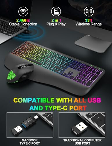 Wireless Keyboard and Mouse Combo, 9 Backlit Effects, Wrist Rest, Silent Light Up Keys, Sleep Mode, 2.4G Rechargeable Ergonomic Cordless Keyboard Mouse Combo for Computer, Laptop, PC, Windows (Grey) - 2