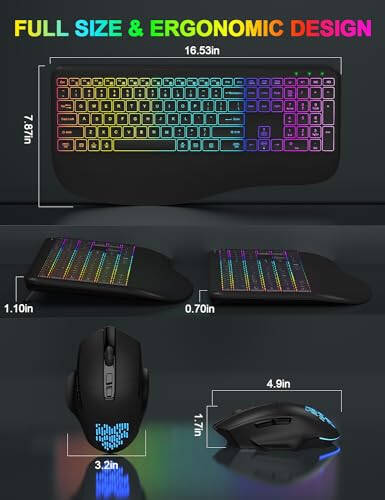 Wireless Keyboard and Mouse Combo, 9 Backlit Effects, Wrist Rest, Sleep Mode, 2.4G Lag-Free Ergonomic Rechargeable Silent Cordless Keyboard Mouse Combo for Computer, Laptop, PC, Windows (Black) - 4