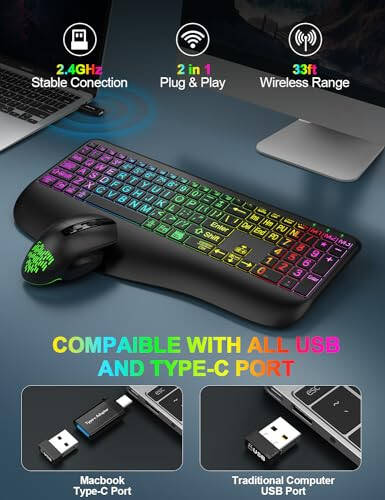 Wireless Keyboard and Mouse Combo, Large Print Backlit Keyboard with Wrist Rest and 9 Backlit Effects, 2.4G Rechargeable Ergonomic Keyboard Mouse Combo Easy to See for Windows, Laptop, PC (Black) - 6