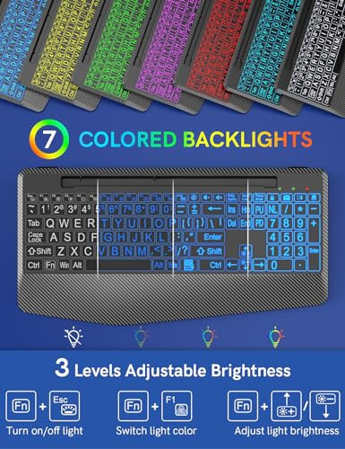 Wireless Keyboard with 7 Colored Backlits, Wrist Rest, Phone Holder, Rechargeable Ergonomic Computer Keyboard with Silent Keys, Full Size Lighted Keyboard for Windows, Mac, PC, Laptop (Large Print) - 2