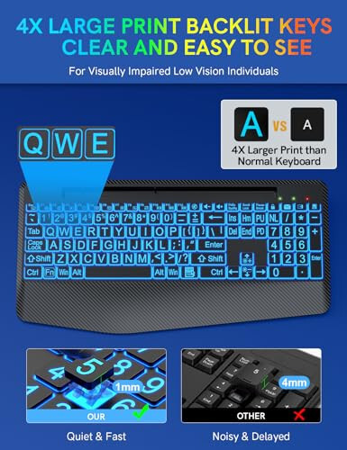 Wireless Keyboard with 7 Colored Backlits, Wrist Rest, Phone Holder, Rechargeable Ergonomic Computer Keyboard with Silent Keys, Full Size Lighted Keyboard for Windows, Mac, PC, Laptop (Large Print) - 6