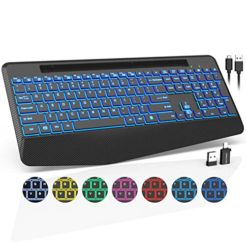 Wireless Keyboard with 7 Colored Backlits, Wrist Rest, Phone Holder, Rechargeable Ergonomic Computer Keyboard with Silent Keys, Full Size Lighted Keyboard for Windows, MacBook, PC, Laptop (Black) - 1