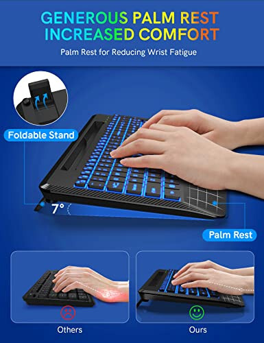 Wireless Keyboard with 7 Colored Backlits, Wrist Rest, Phone Holder, Rechargeable Ergonomic Computer Keyboard with Silent Keys, Full Size Lighted Keyboard for Windows, MacBook, PC, Laptop (Black) - 3