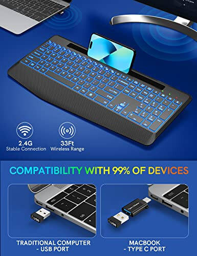 Wireless Keyboard with 7 Colored Backlits, Wrist Rest, Phone Holder, Rechargeable Ergonomic Computer Keyboard with Silent Keys, Full Size Lighted Keyboard for Windows, MacBook, PC, Laptop (Black) - 5