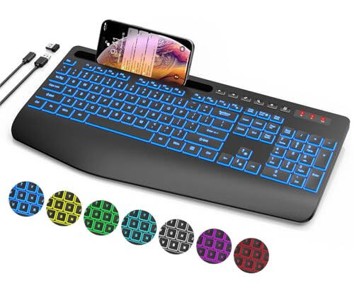 Wireless Keyboard with Wrist Rest & Phone Holder, 7 Colored Backlits, Rechargeable Ergonomic Computer Keyboard with Silent Keys, Full Size Lighted Cordless Keyboard for Windows, Windows, Mac, Laptop - 1