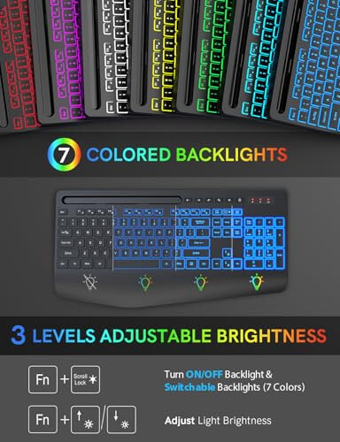 Wireless Keyboard with Wrist Rest & Phone Holder, 7 Colored Backlits, Rechargeable Ergonomic Computer Keyboard with Silent Keys, Full Size Lighted Cordless Keyboard for Windows, Windows, Mac, Laptop - 2