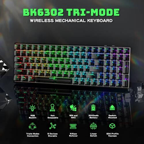 Wireless Mechanical Gaming Keyboard with Transparent Keycaps, 100 Keys Hot-Swap RGB Backlit, 3-Mode BT/2.4G/USB-C, 3000mAh Battery, Ergonomic Keyboard with Wrist Rest for Win/Mac, Silent Switch, Black - 2