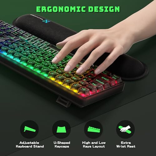 Wireless Mechanical Gaming Keyboard with Transparent Keycaps, 100 Keys Hot-Swap RGB Backlit, 3-Mode BT/2.4G/USB-C, 3000mAh Battery, Ergonomic Keyboard with Wrist Rest for Win/Mac, Silent Switch, Black - 5