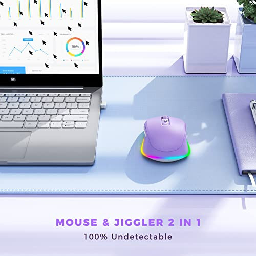 Wireless Mouse Jiggler - LED Wireless Mice with Build-in Mouse Mover, Rechargeable Moving Mouse for Laptop with Undetectable Random Movement Keeps Computers Awake - Purple - 3